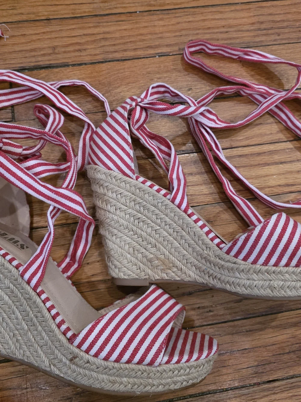 Striped Red & White Tie-Ankle Espadrilles